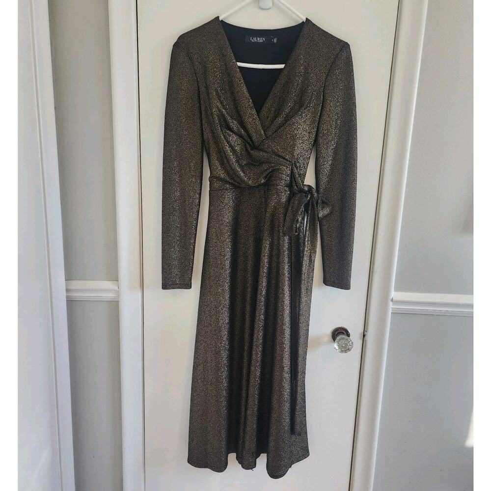 Lauren Ralph Lauren Black Label Size 2 Faux Wrap Dress Tie Gold Shimmer Cocktail